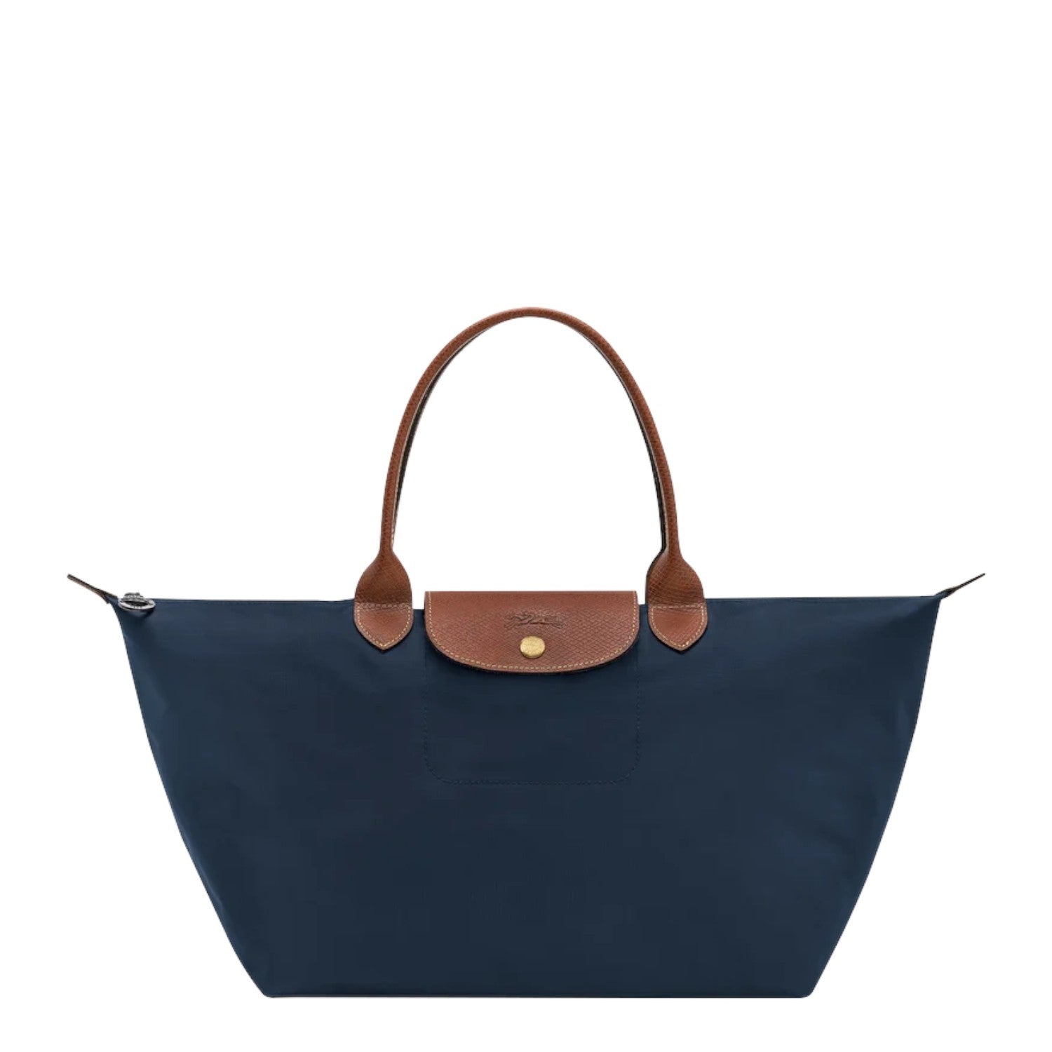 Lieblingstasche Le Pliage L navy nylon tote bag with brown leather trim and handles.