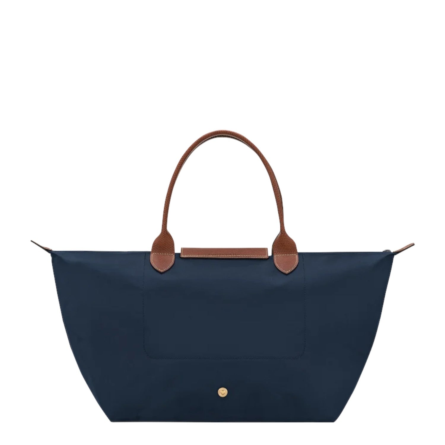 Lieblingstasche Le Pliage L navy nylon tote bag with brown leather handles and trim.
