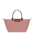 Lieblingstasche Le Pliage L pink nylon tote bag with brown leather trim and handles.