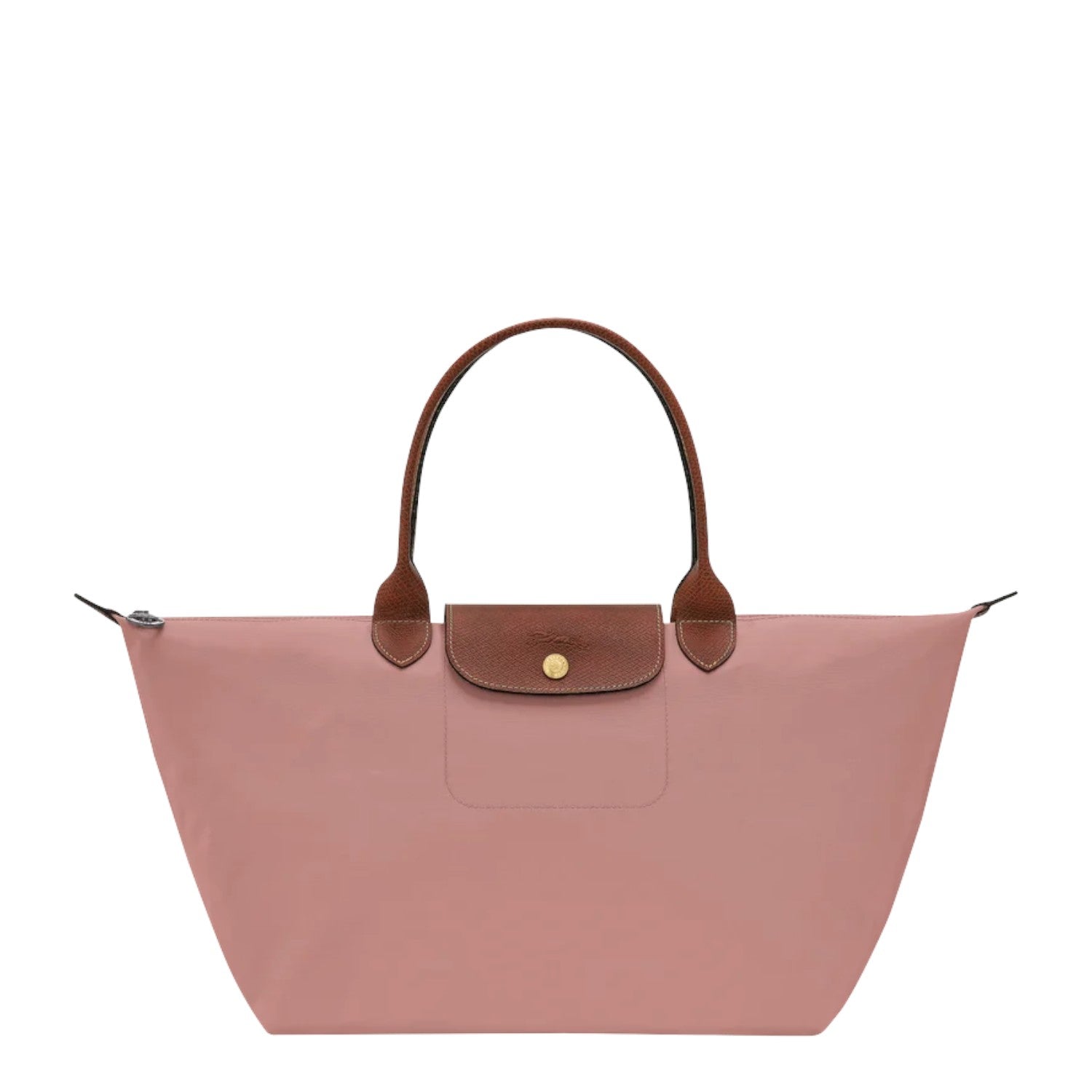 Lieblingstasche Le Pliage L pink nylon tote bag with brown leather trim and handles.