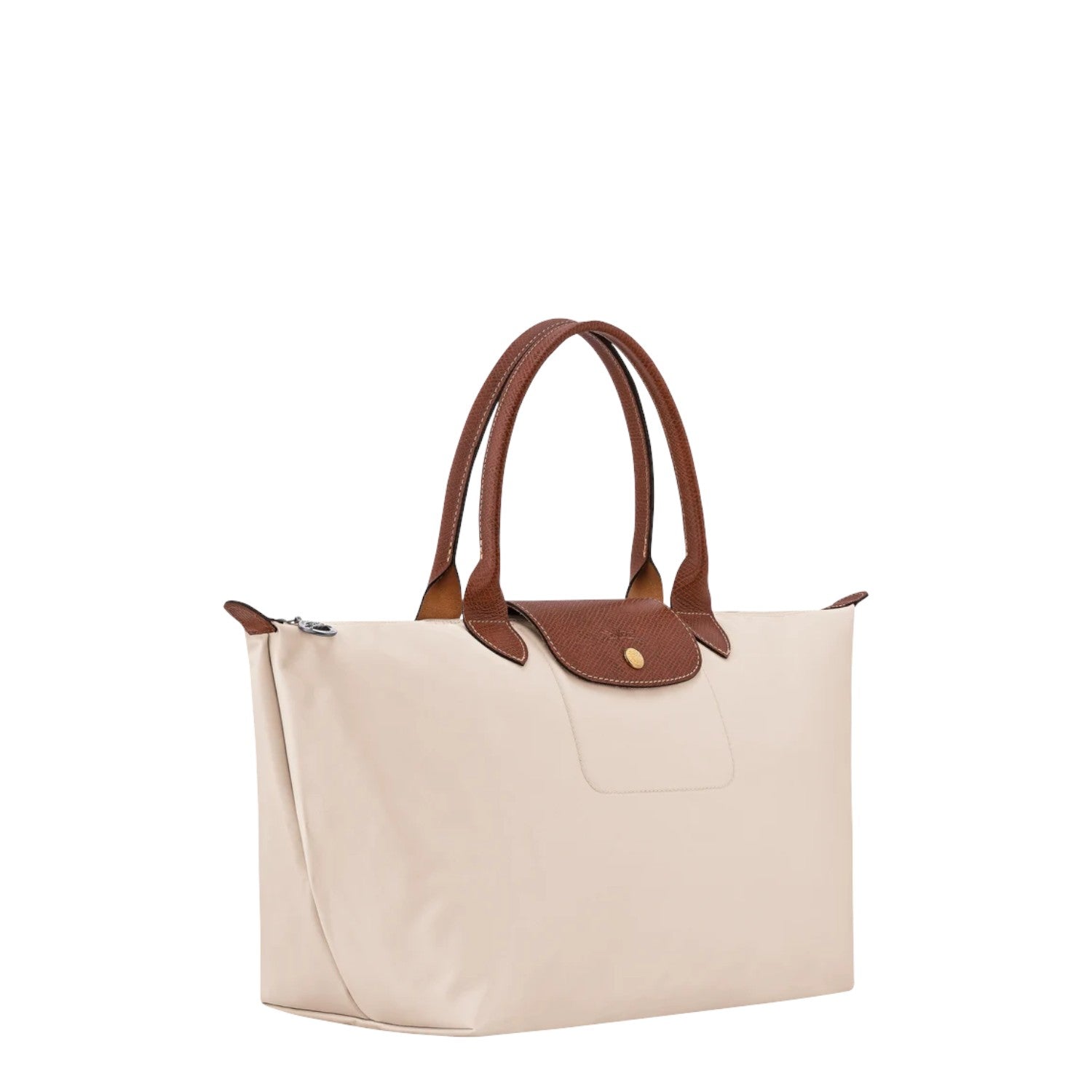 Lieblingstasche Le Pliage L tote bag in cream nylon with brown leather handles and trim. Features a snap closure.