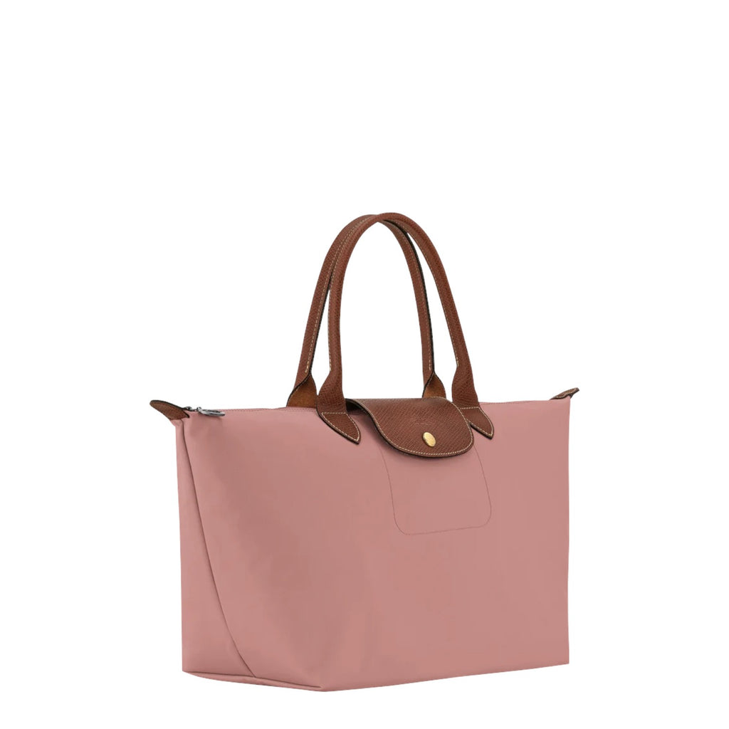 Lieblingstasche Le Pliage L tote bag in dusty rose nylon with brown leather handles and trim, featuring a snap closure.