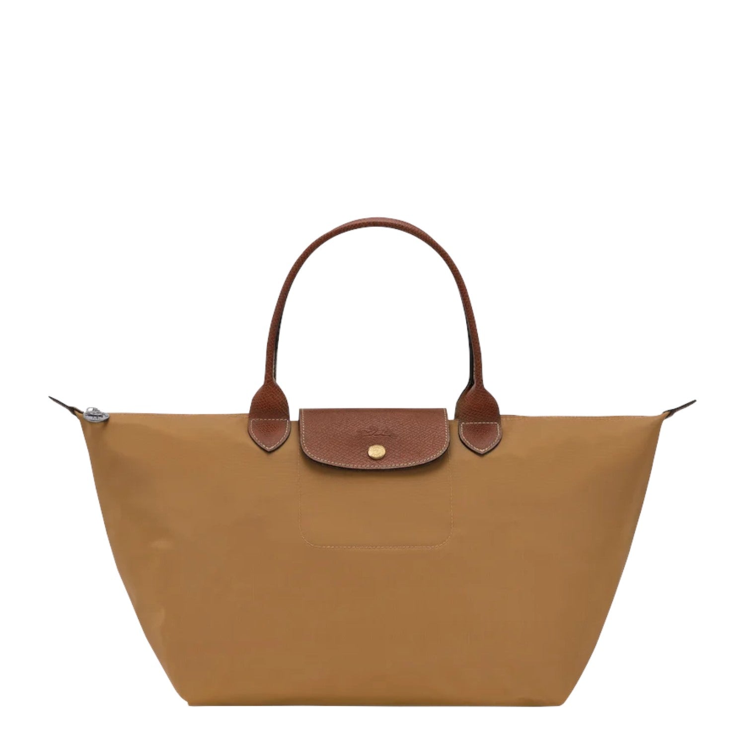 Lieblingstasche Le Pliage L tote bag in tan nylon with brown leather trim and handles.