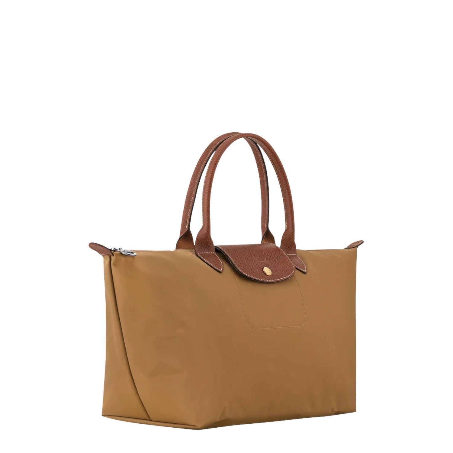 Lieblingstasche Le Pliage L tote bag in tan nylon with brown leather handles and trim.