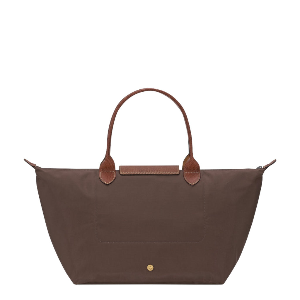 Lieblingstasche Le Pliage large brown nylon handbag with brown leather handles and gold snap button closure