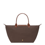 Lieblingstasche Le Pliage large brown nylon handbag with brown leather handles and gold snap button closure