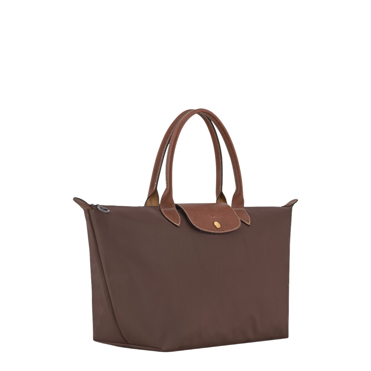 Lieblingstasche Le Pliage large brown handbag with leather handles and flap closure on a black background