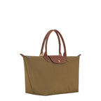 Lieblingstasche Le Pliage large tote bag in olive green nylon with brown leather handles and gold snap closure