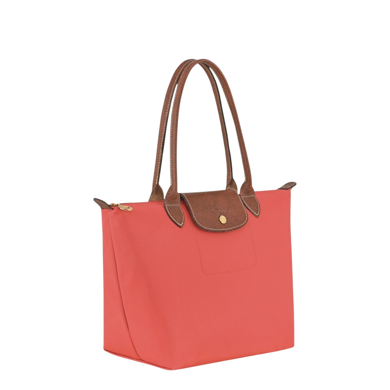 Lieblingstasche Le Pliage M tote bag in coral nylon with brown leather trim and handles.