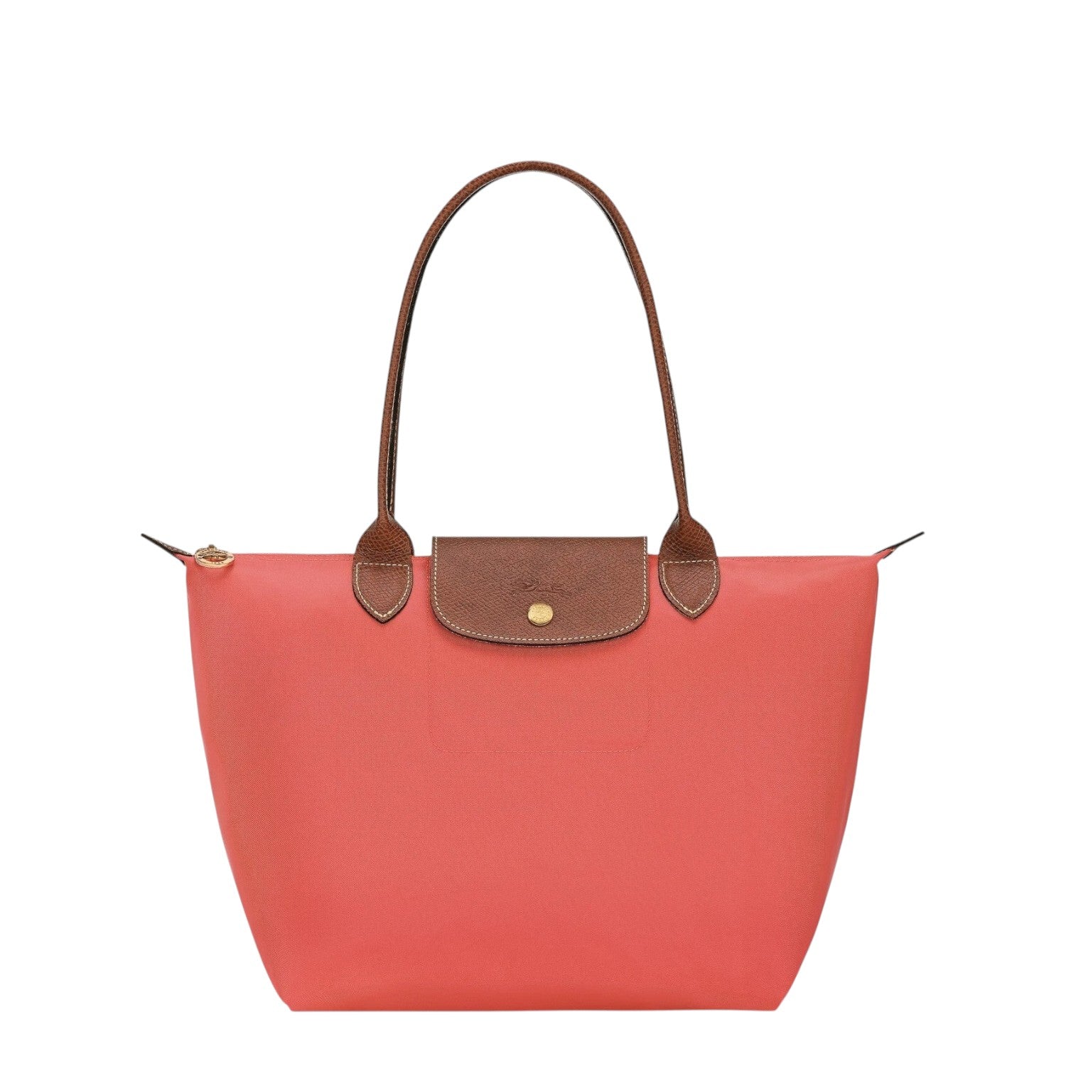 Lieblingstasche Le Pliage M tote bag in coral nylon with brown leather trim and handles.