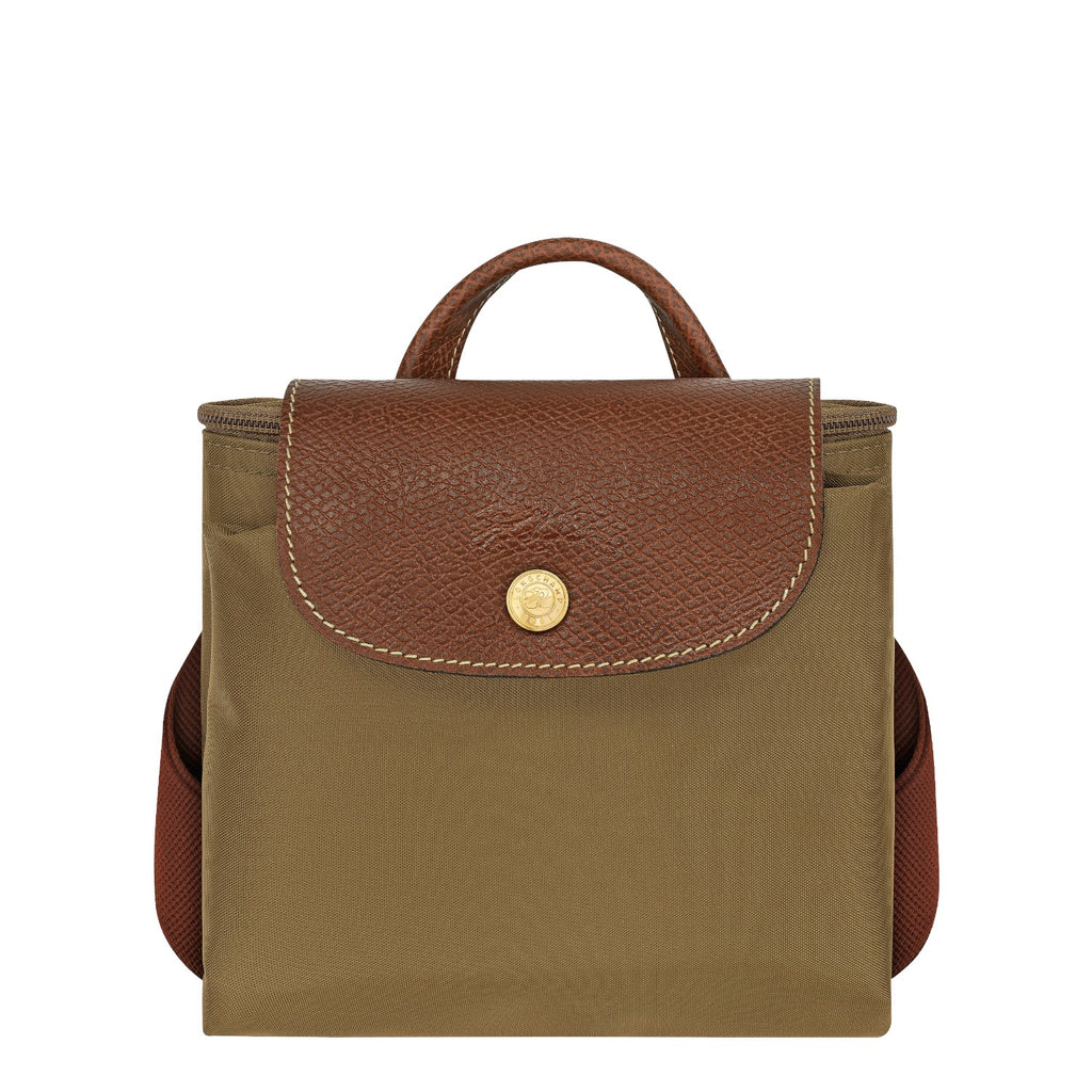 Lieblingstasche Le Pliage rucksack in olive green nylon with brown leather flap and gold snap button closure.