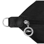 Lieblingstasche Le Pliage One black nylon travel bag with leather trim and silver horse logo zipper pull.