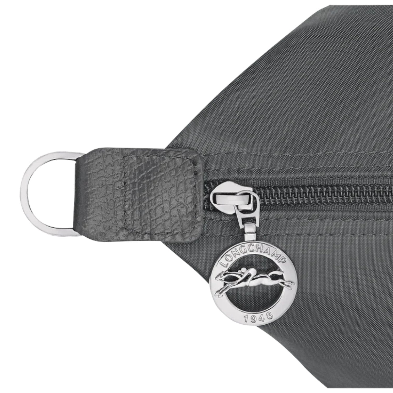 Lieblingstasche Le Pliage One travel bag in grey nylon with leather trim and silver horse logo zipper pull.