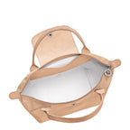 Lieblingstasche Le Pliage One handbag in light beige nylon with leather trim and silver hardware. Open top with zip closure.