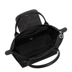 Lieblingstasche Le Pliage One handbag in black nylon with leather trim and silver hardware. Top handles and zip closure.