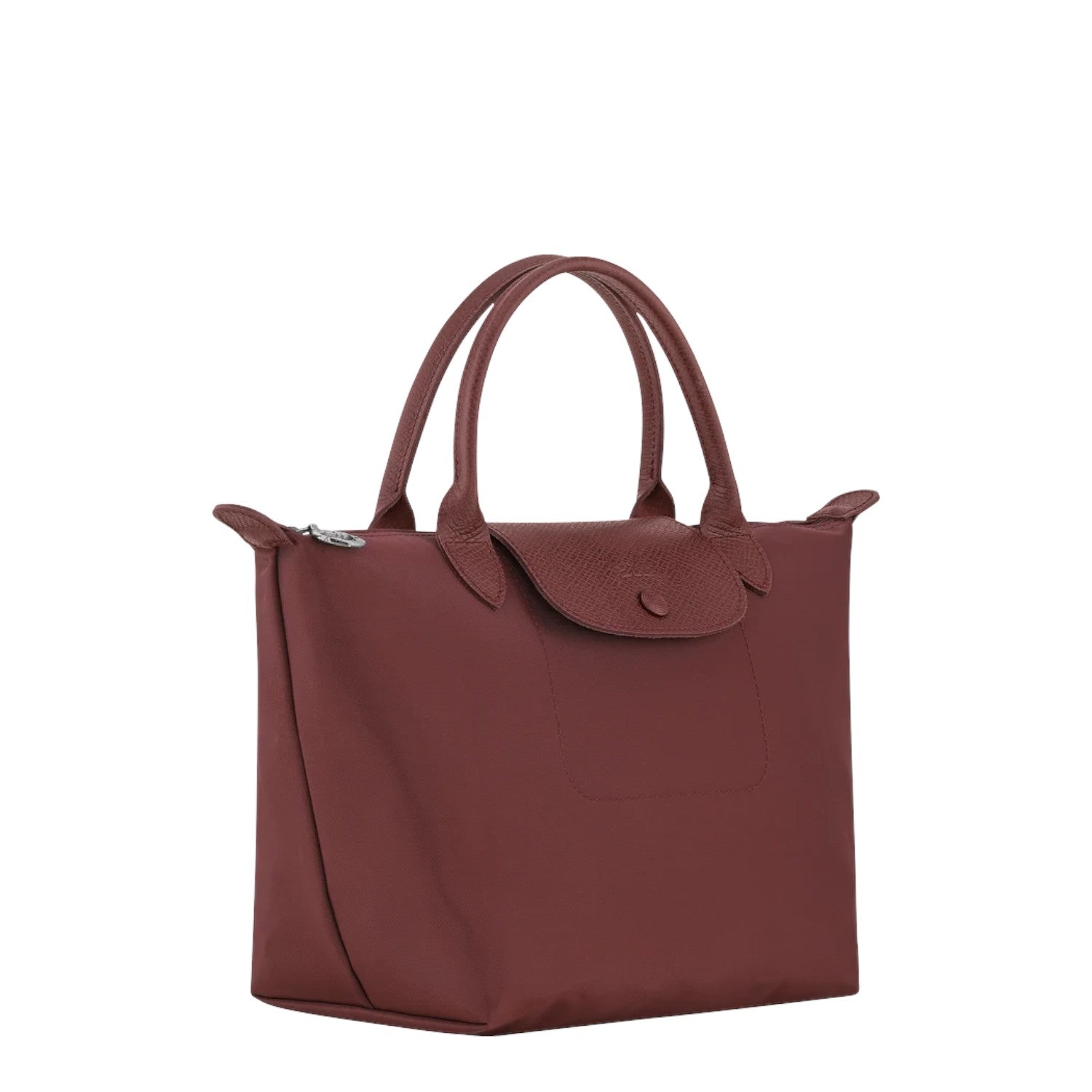 Lieblingstasche Le Pliage One handbag in burgundy nylon with leather trim and snap closure.