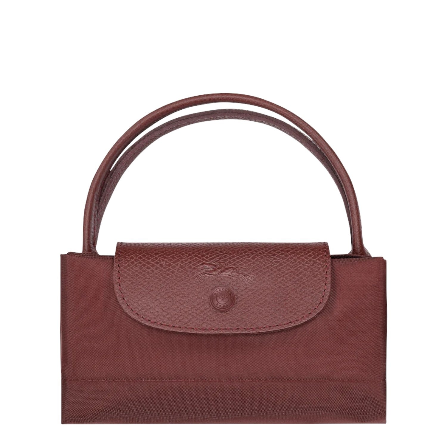 Lieblingstasche Le Pliage One handbag in burgundy nylon with leather trim and snap closure.