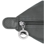 Lieblingstasche Le Pliage One handbag in grey nylon with leather trim and a silver zipper pull featuring the Longchamp logo.