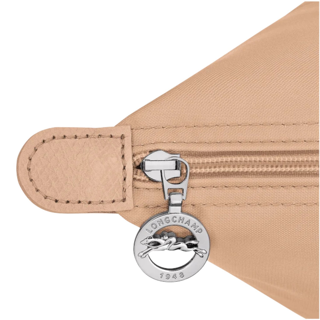 Lieblingstasche Le Pliage One Handtasche L in beige nylon with leather trim and silver horse logo zipper pull.