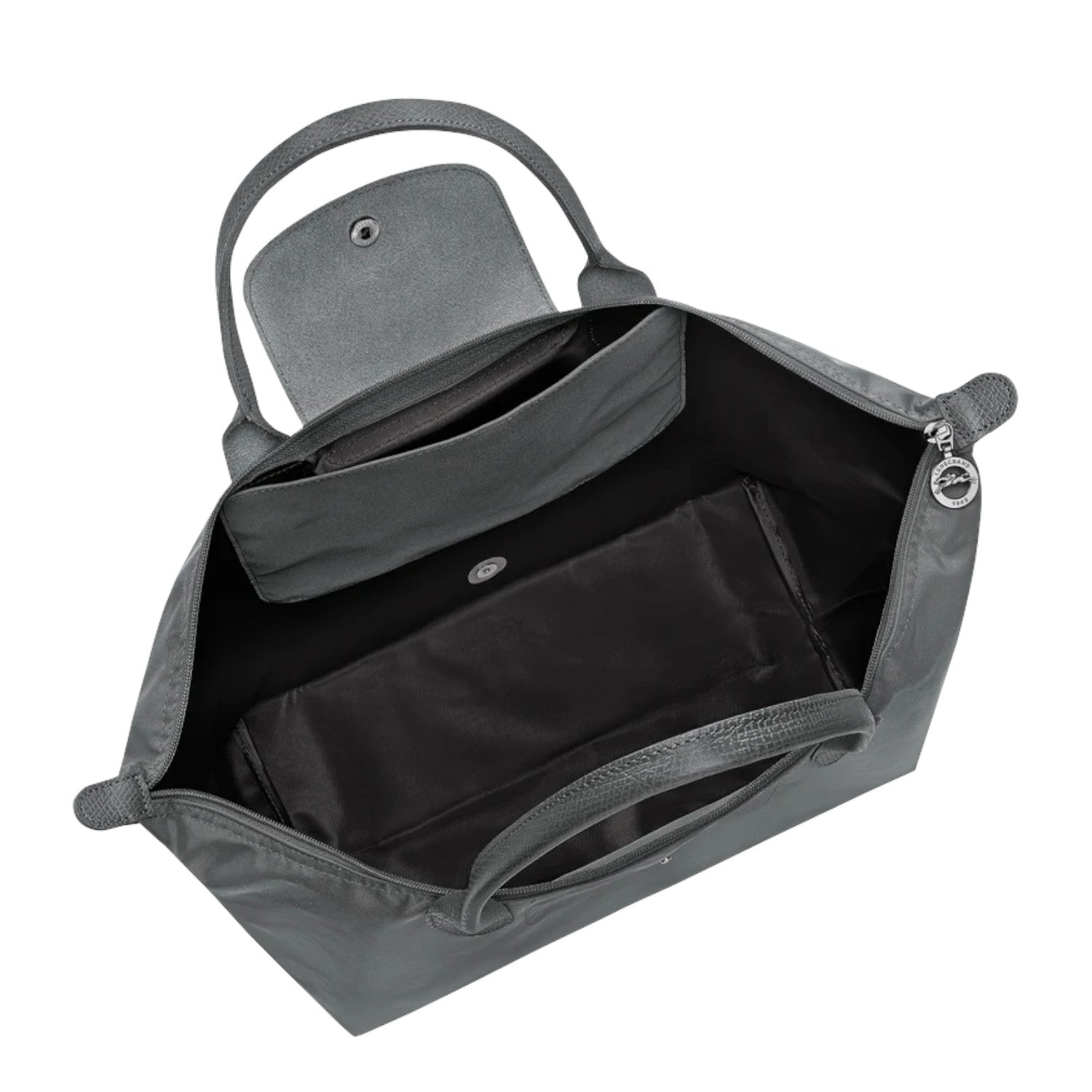 Lieblingstasche Le Pliage One Handtasche L, grey nylon tote bag with leather trim and interior pockets.