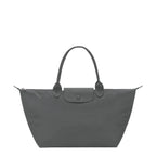 Lieblingstasche Le Pliage One L grey nylon tote bag with leather trim and snap closure.