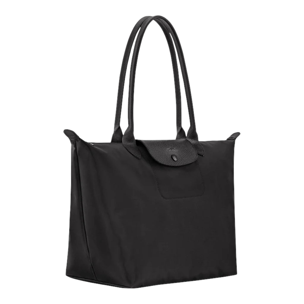 Lieblingstasche Le Pliage One L black nylon tote bag with leather trim and snap closure.