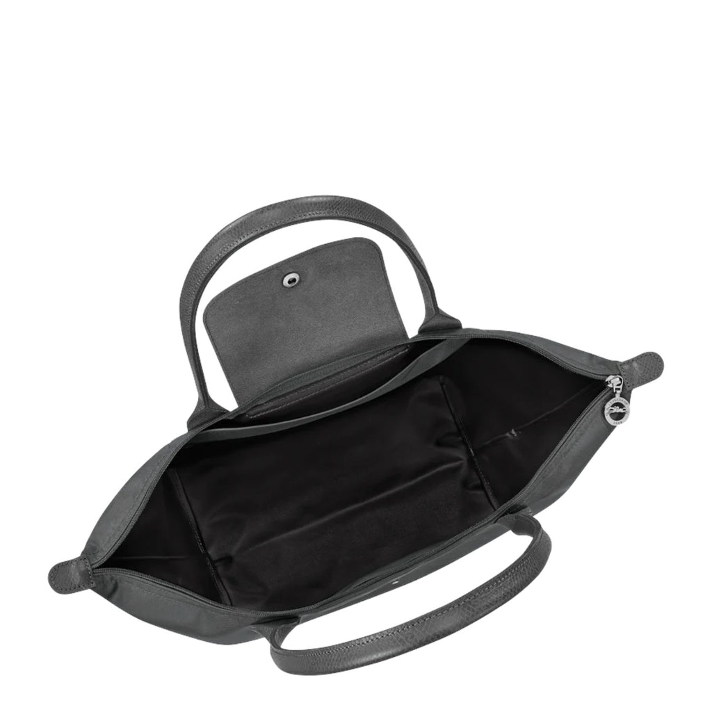 Lieblingstasche Le Pliage One L shoulder bag in dark grey nylon with leather handles and trim. Features a snap-button flap pocket inside.