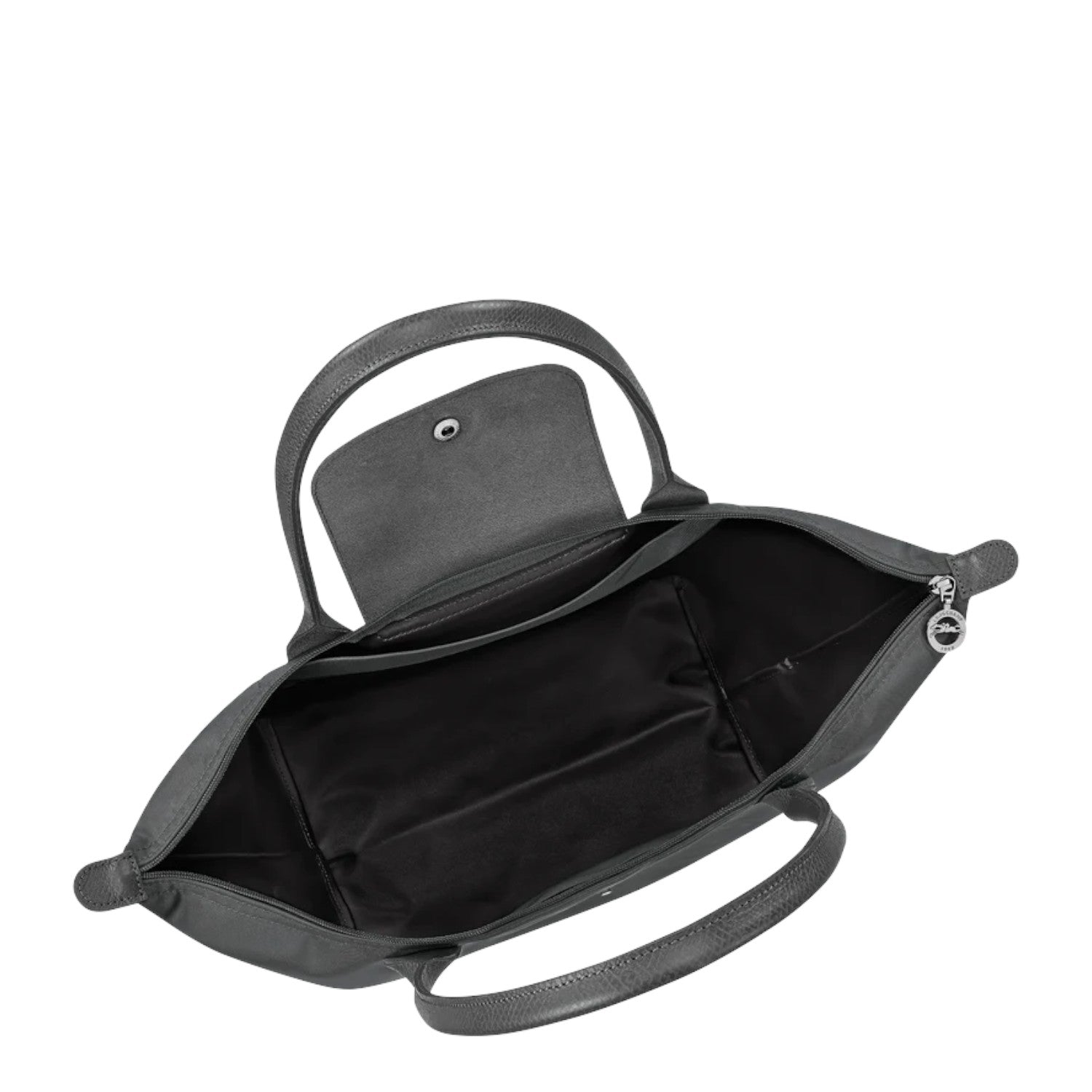 Lieblingstasche Le Pliage One L shoulder bag in dark grey nylon with leather handles and trim. Features a snap-button flap pocket inside.