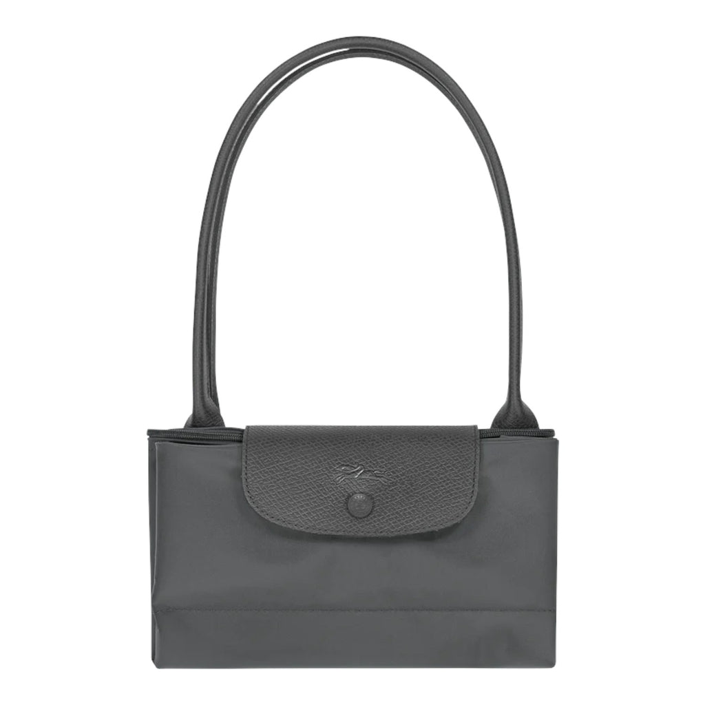 Lieblingstasche Le Pliage One L shoulder bag in dark grey nylon with leather trim and snap closure.