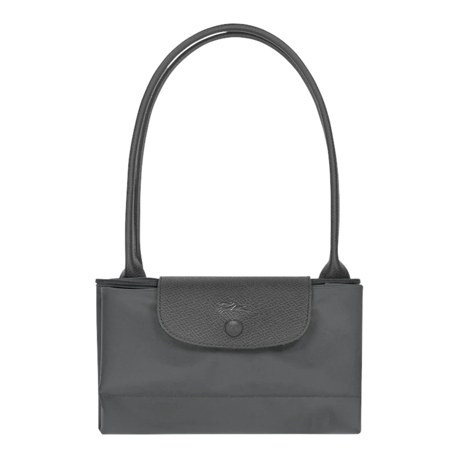 Lieblingstasche Le Pliage One L shoulder bag in dark grey nylon with leather trim and snap closure.