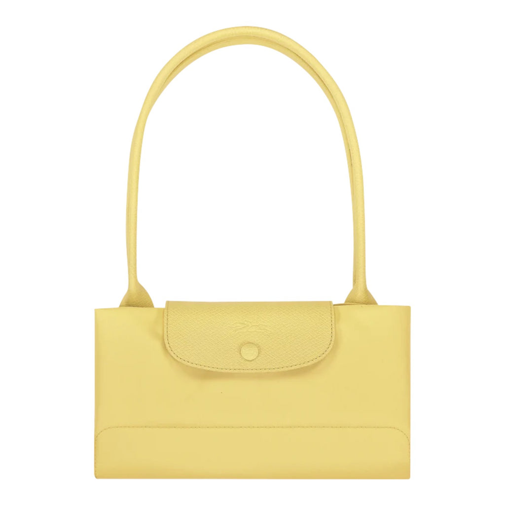 Lieblingstasche Le Pliage One L shoulder bag in pale yellow leather with a single top handle and a flap closure.