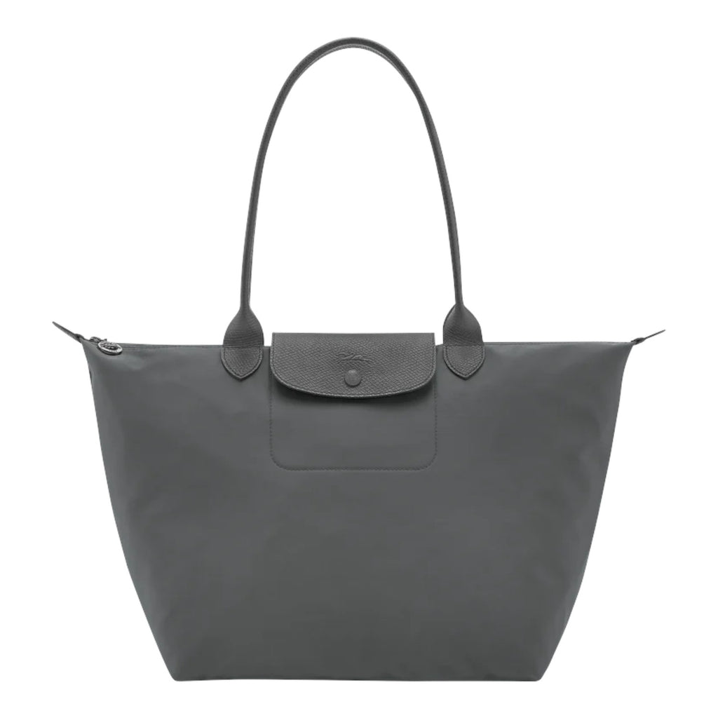 Lieblingstasche Le Pliage One L tote bag in grey nylon with leather trim and a front snap pocket.