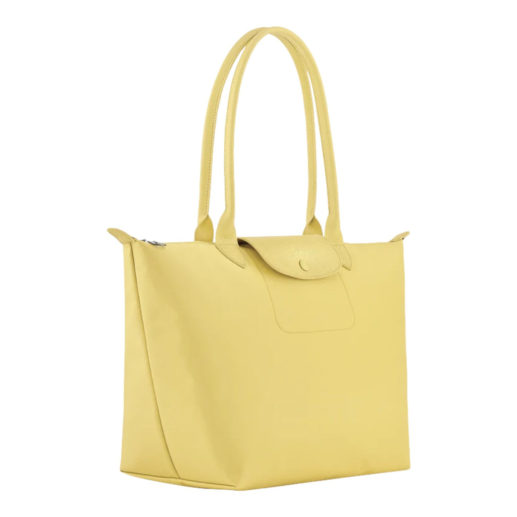 Lieblingstasche Le Pliage One L yellow leather tote bag with snap closure and top handles.
