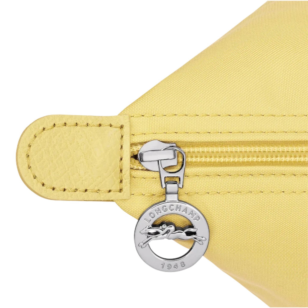 Lieblingstasche Le Pliage One L shoulder bag in yellow nylon with leather trim and silver zipper pull.
