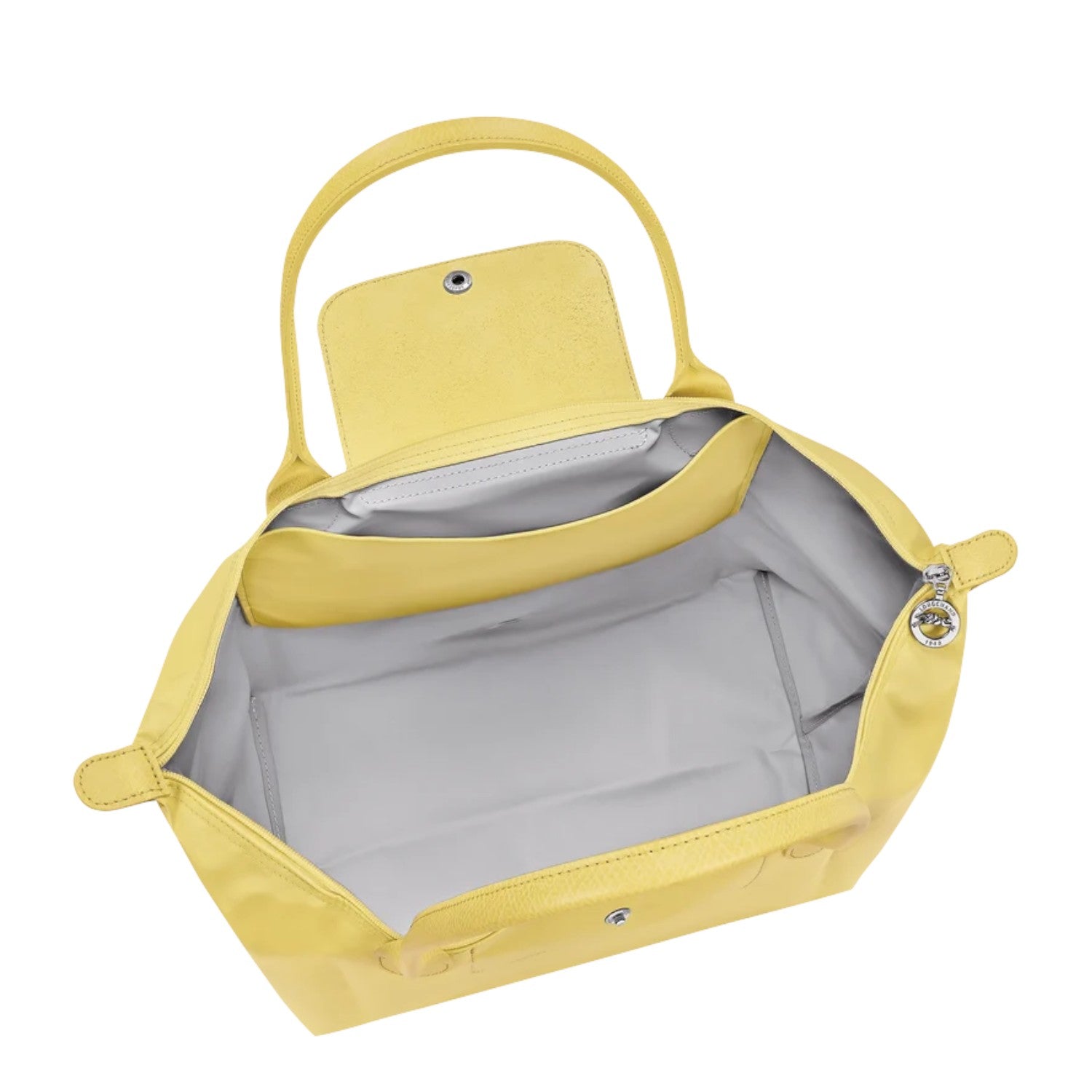Lieblingstasche Le Pliage One L shoulder bag in bright yellow with leather trim and silver hardware.