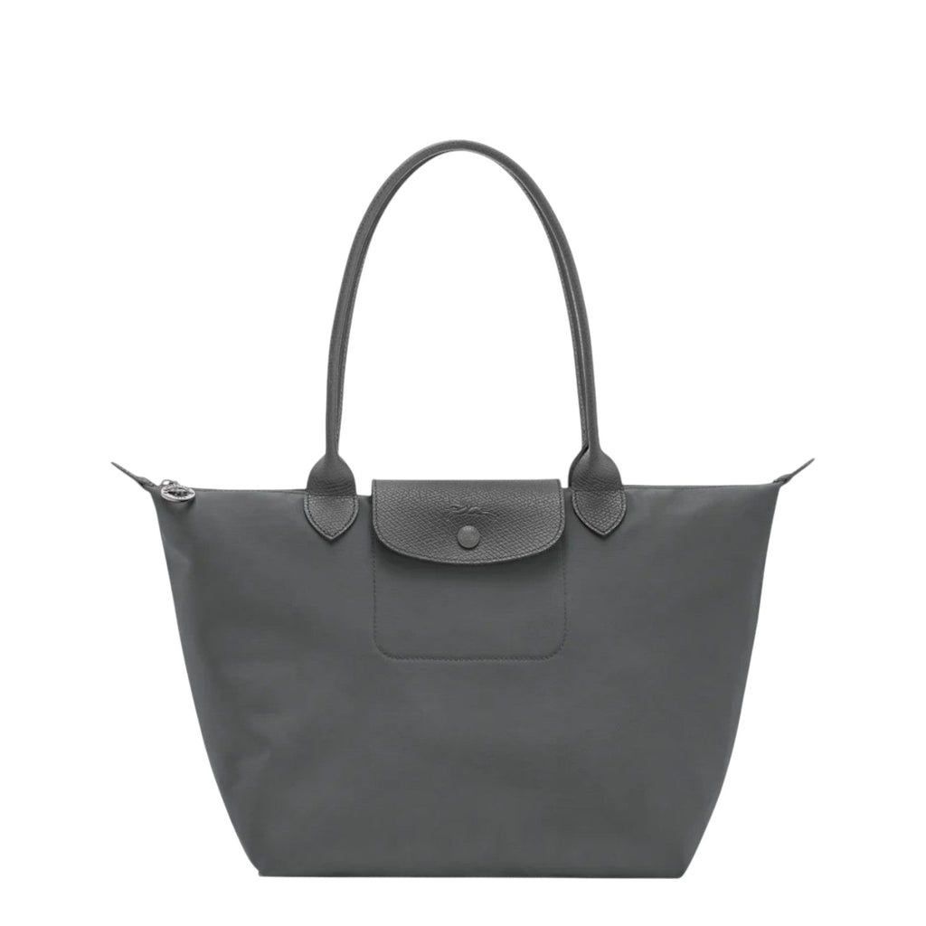 Lieblingstasche Le Pliage One M shoulder bag in grey nylon with leather trim and snap closure pocket.