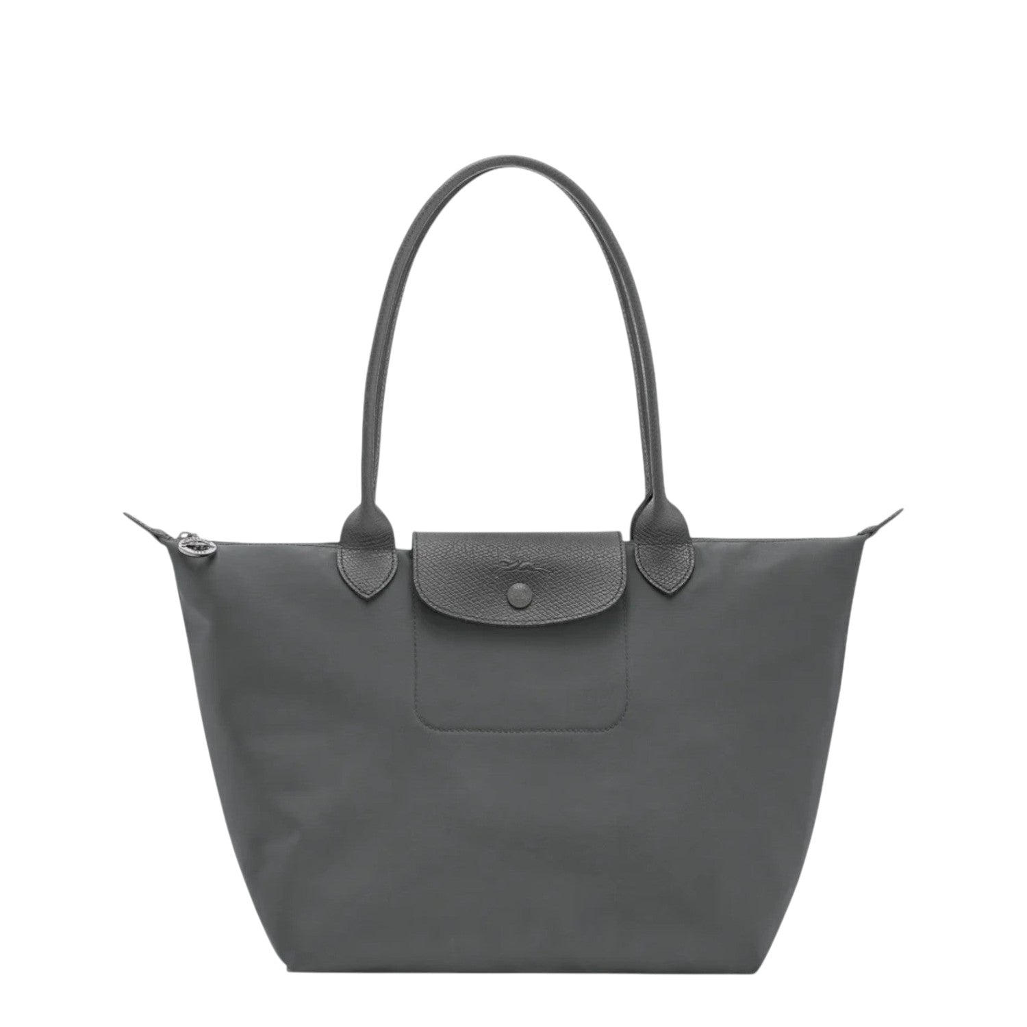 Lieblingstasche Le Pliage One M shoulder bag in grey nylon with leather trim and snap closure pocket.