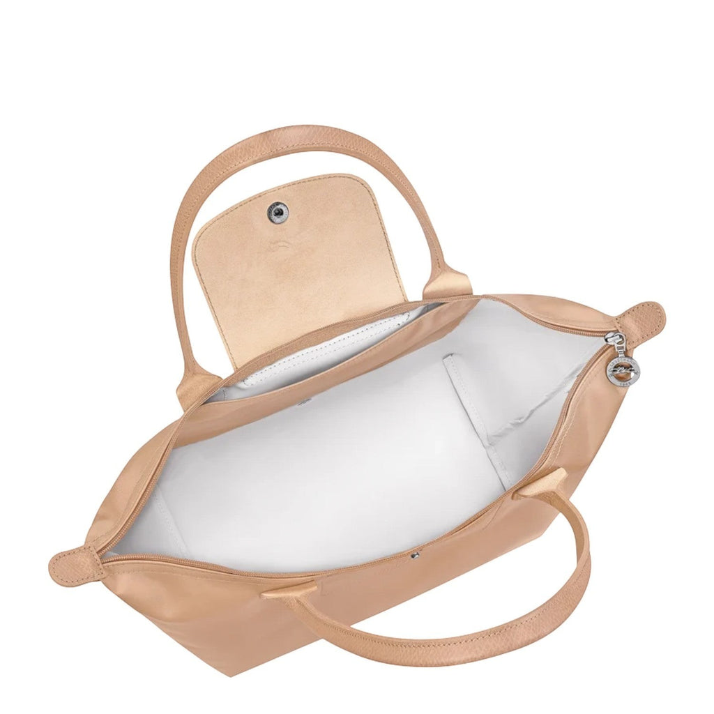Lieblingstasche Le Pliage One M shoulder bag in beige leather and nylon with zip closure and snap button flap.