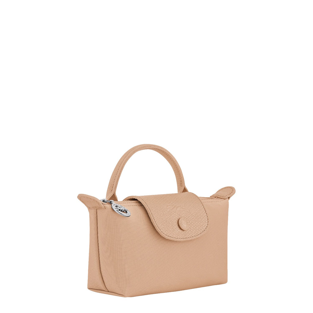 Lieblingstasche Le Pliage One Pochette, a small beige nylon and leather clutch with a top handle and snap closure.