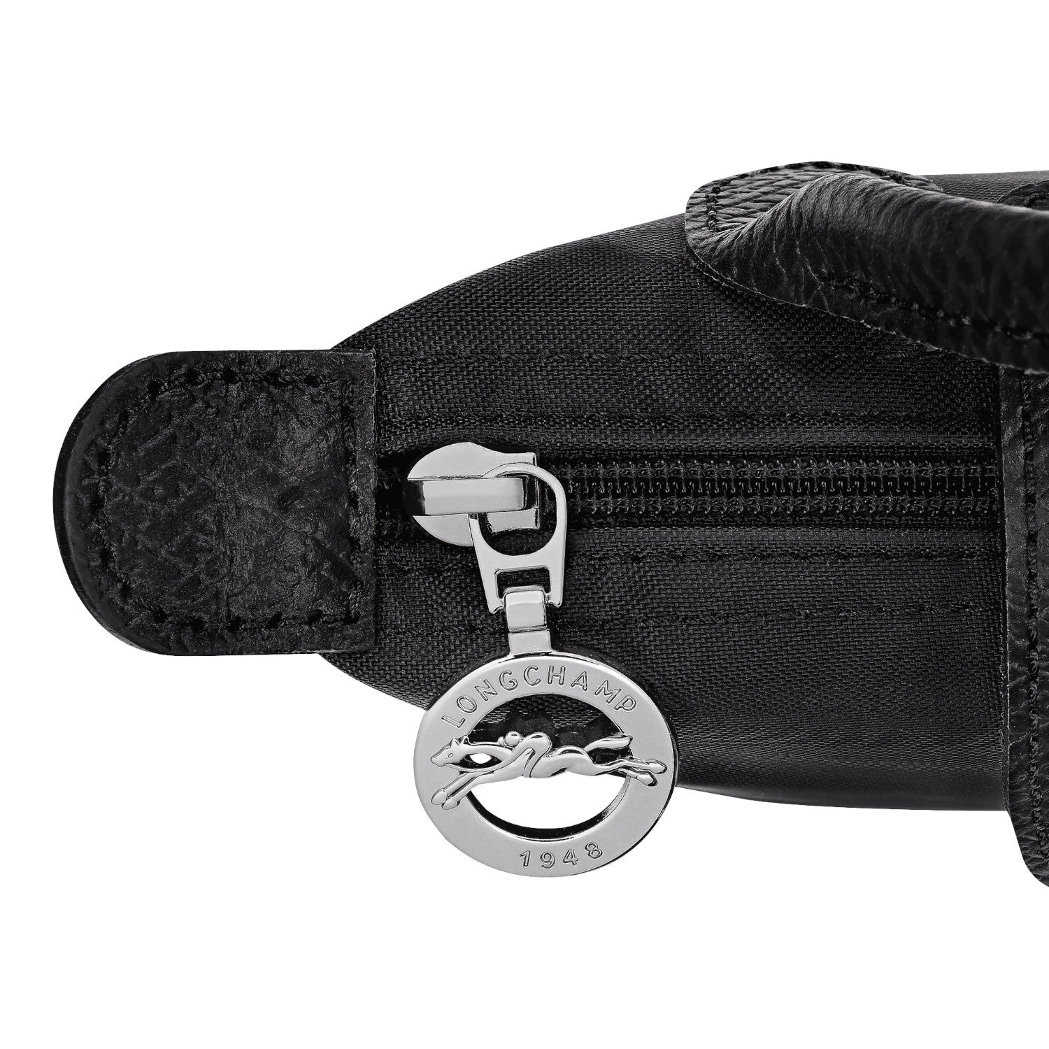 Lieblingstasche Le Pliage One Pochette black nylon and leather trim with signature horse logo zipper pull.
