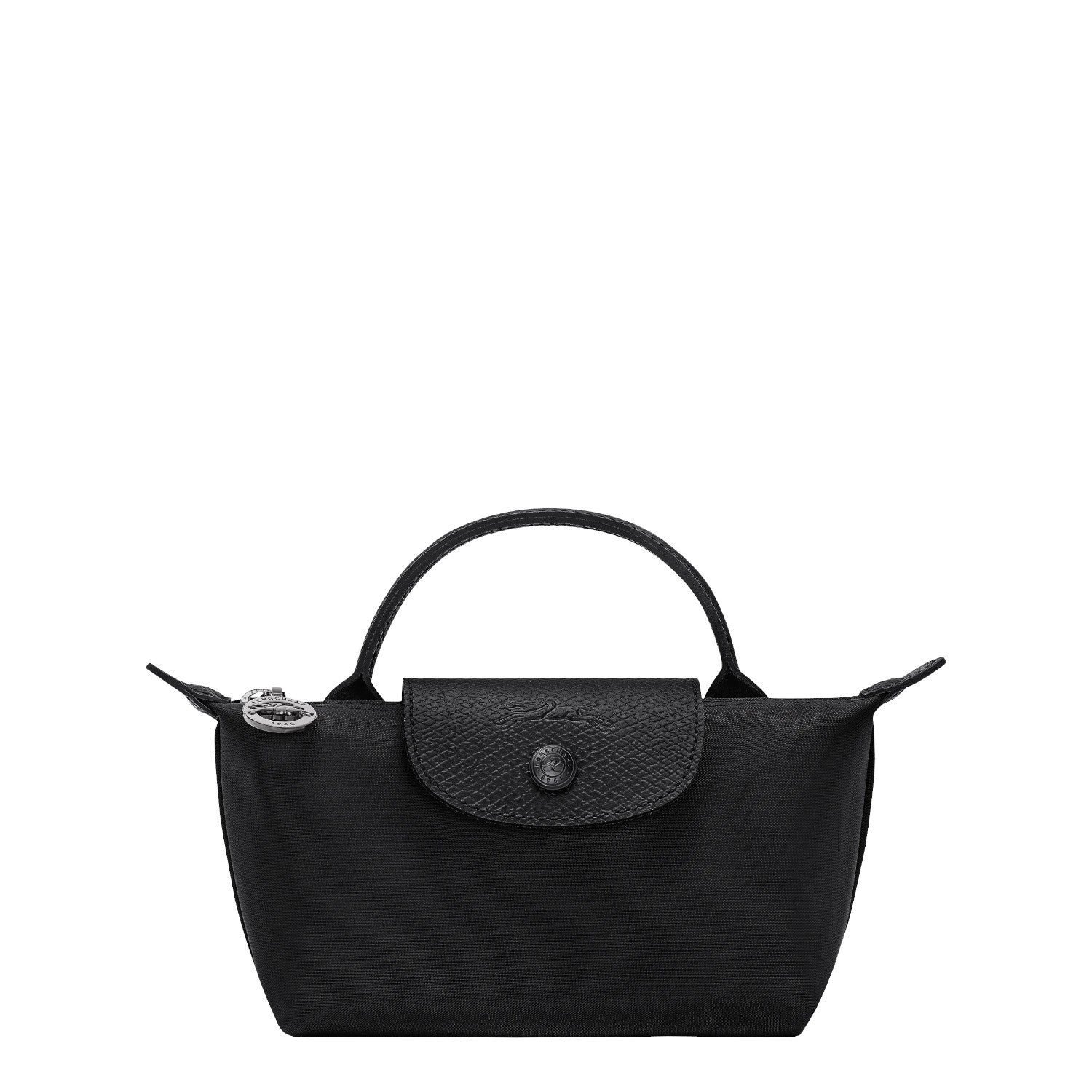 Lieblingstasche Le Pliage One Pochette black nylon top-handle bag with leather trim and snap closure.
