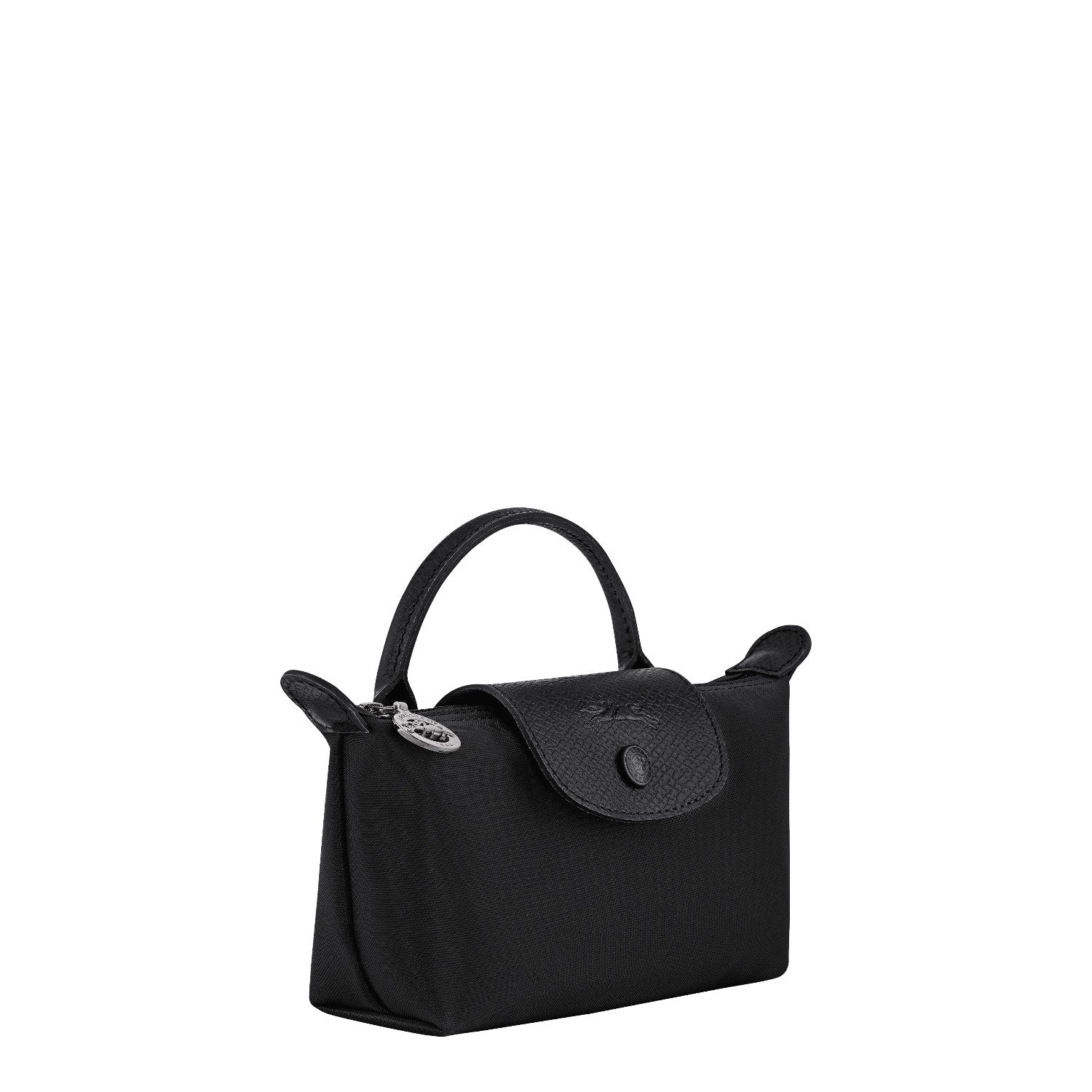 Lieblingstasche Le Pliage One Pochette black nylon and leather trim small handbag with snap closure and charm.
