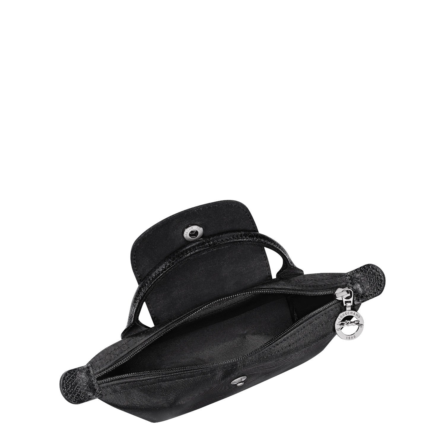 Lieblingstasche Le Pliage One Pochette black nylon zippered pouch with leather trim and logo charm.