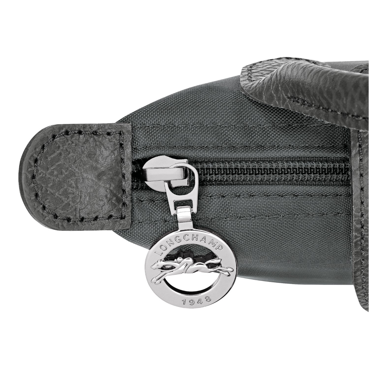 Lieblingstasche Le Pliage One Pochette in dark grey nylon with leather trim and silver zipper detail.