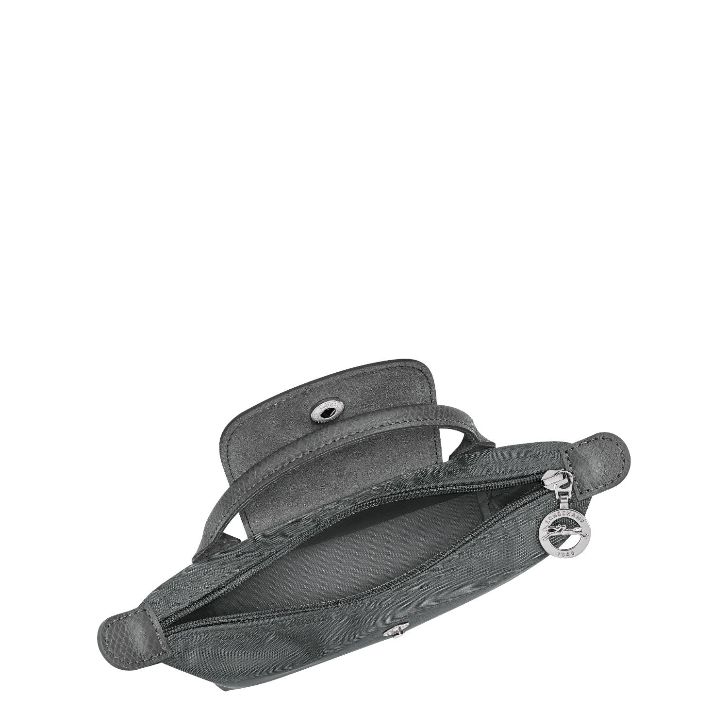 Lieblingstasche Le Pliage One Pochette in grey nylon with leather trim and a snap closure.