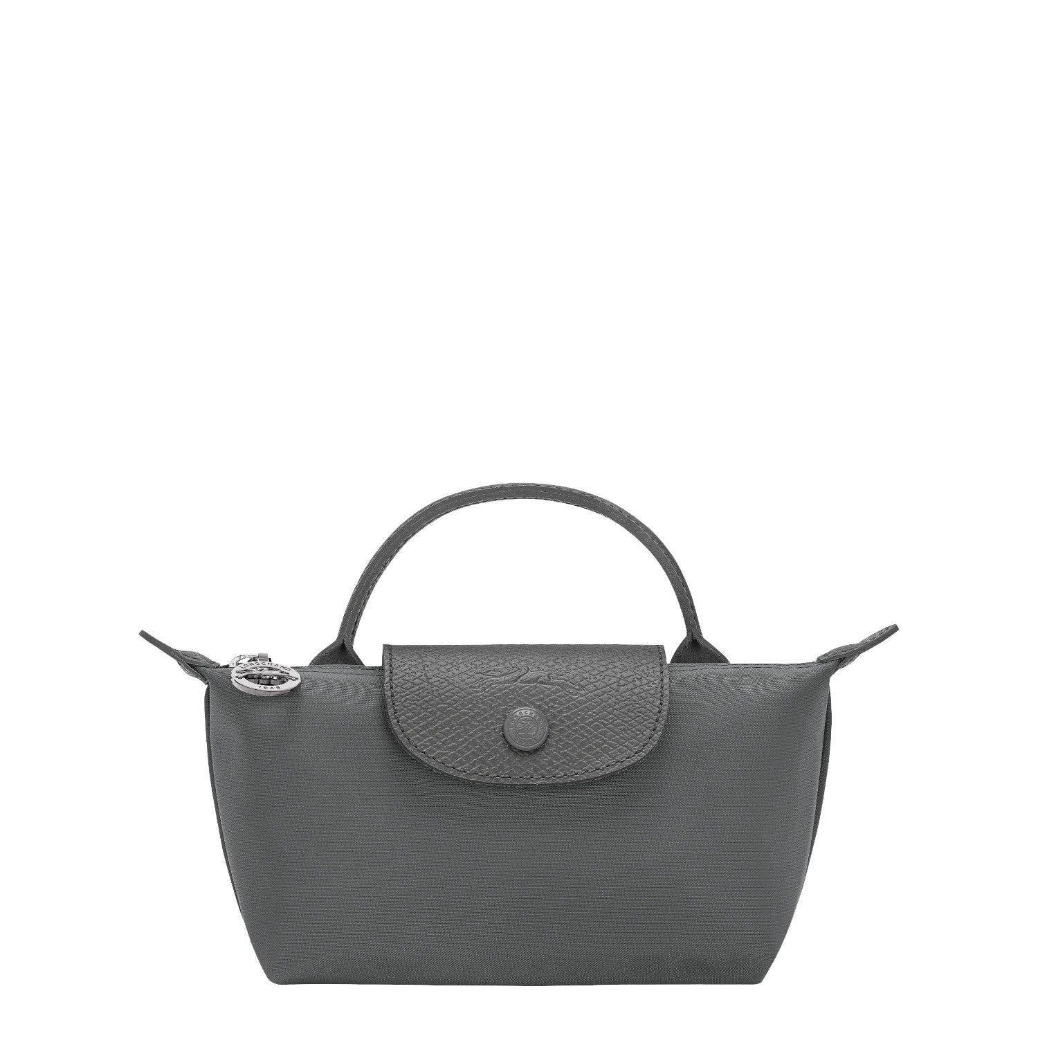 Lieblingstasche Le Pliage One Pochette in grey nylon with leather trim and a top handle.