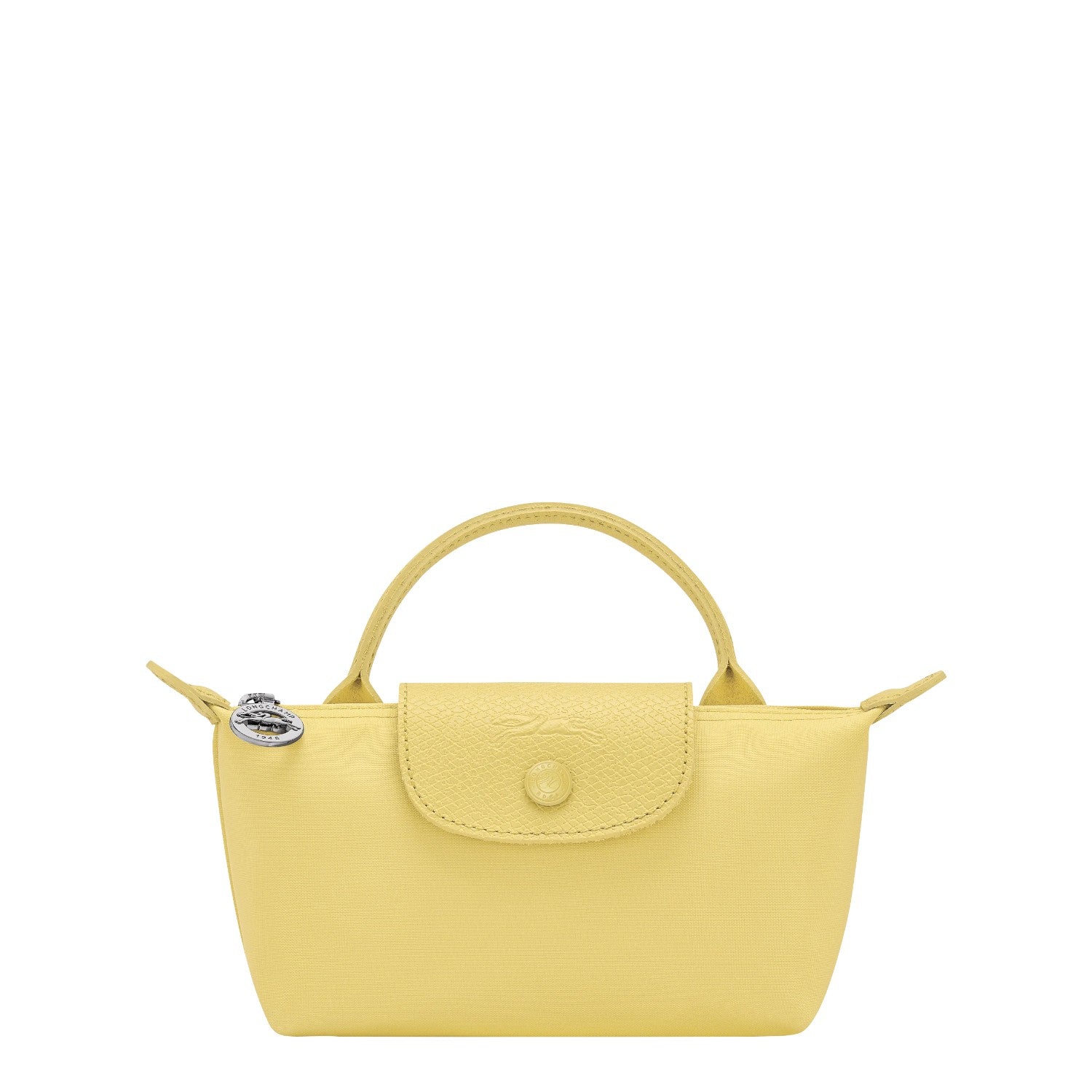 Lieblingstasche Le Pliage One Pochette in yellow nylon with leather trim and a snap closure.