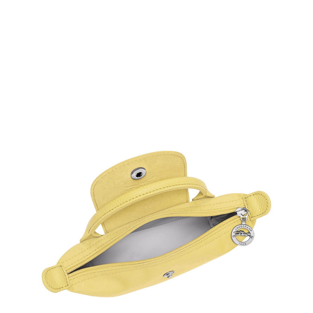 Lieblingstasche Le Pliage One Pochette in yellow nylon with leather trim and silver hardware.