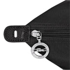 Lieblingstasche Le Pliage One Reisetasche L black nylon travel bag with leather trim and silver horse logo zipper pull.