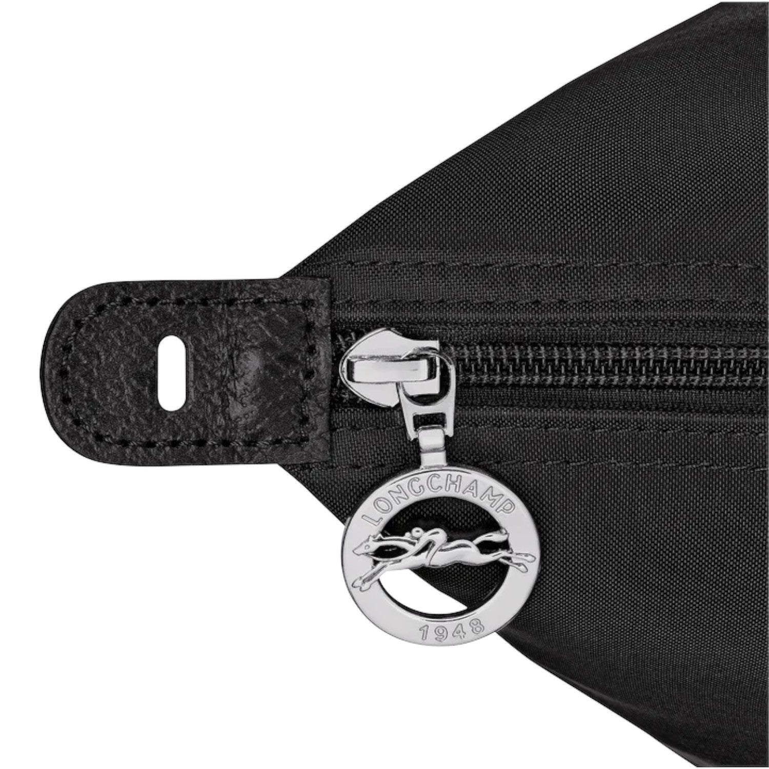 Lieblingstasche Le Pliage One Reisetasche L black nylon travel bag with leather trim and silver horse logo zipper pull.